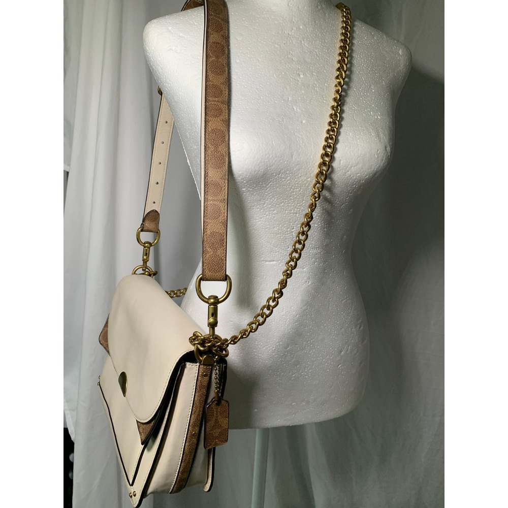 Coach Dreamer Shoulder Bag Chalk White Leather Signature Canvas Gold Chain#866 - Picture 3 of 16